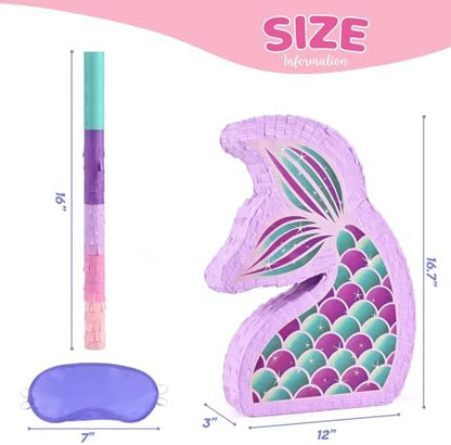 WERNNSAI Mermaid Piñata - Mermaid Party Supplies Piñata Bundle with Blindfold and Bat for Girls Kids Ocean Theme Birthday Party Game Carnival Activity Decorations (16.7" x 12.2" x 3.1")