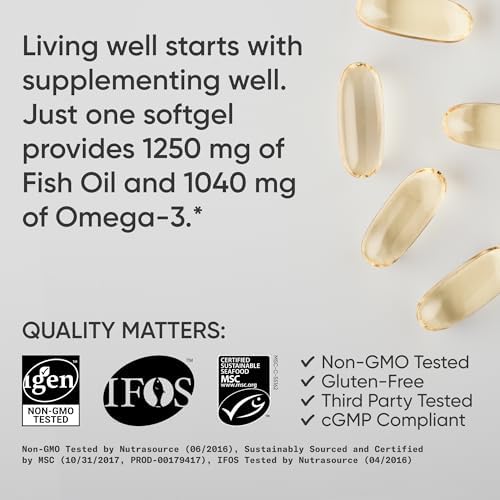 Sports Research Triple Strength Omega 3 Fish Oil - Burpless Fish Oil Supplement w/EPA & DHA Fatty Acids from Single-Source Wild Alaskan Pollock - 1250 mg, 90 ct
