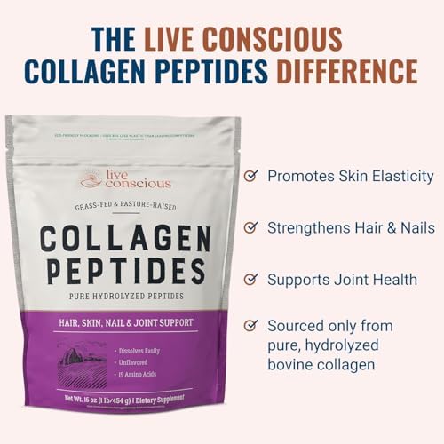 Live Conscious Collagen Peptides Powder - Hair, Skin, Nail, and Joint Support - Type I & III Collagen - Naturally-Sourced Hydrolyzed Protein - 16oz (2-Pack)