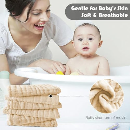 12 Pack Muslin Washcloths for Baby - 100% Cotton Baby Wash Cloths for or Baby Face Body Comfy and Soft for Newborn Infants Kids Girls and Boys - 12"x12" - Brown