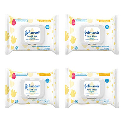 Johnson's Baby Hand & Face Baby Sanitizing Cleansing Wipes for Travel and On-The-Go, No More Tears Formula, Paraben and Alcohol Free, 25 ct, Case of 4