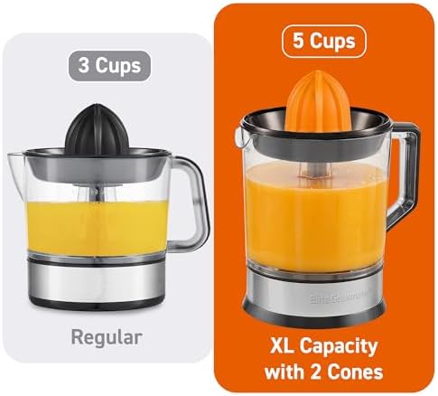 Elite Gourmet ETS740 BPA-Free Electric Citrus Juicer with 2 Cones, Compact, Large Volume, Pulp Control, Oranges, Lemons, Limes, Grapefruits with Easy Pour Spout, 1.2L, Black/Stainless Steel