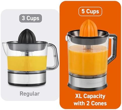 Elite Gourmet ETS740 BPA-Free Electric Citrus Juicer with 2 Cones, Compact, Large Volume, Pulp Control, Oranges, Lemons, Limes, Grapefruits with Easy Pour Spout, 1.2L, Black/Stainless Steel