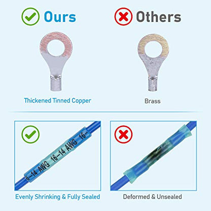 TICONN 250Pcs Heat Shrink Wire Connectors, Waterproof Automotive Marine Electrical Terminals Kit, Crimp Connector Assortment, Ring Fork Spade Splices