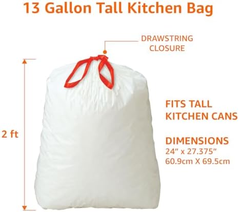 Amazon Basics Trash Bags, Tall Kitchen Drawstring, Unscented, 13 Gallon, 200 Count, Pack of 1