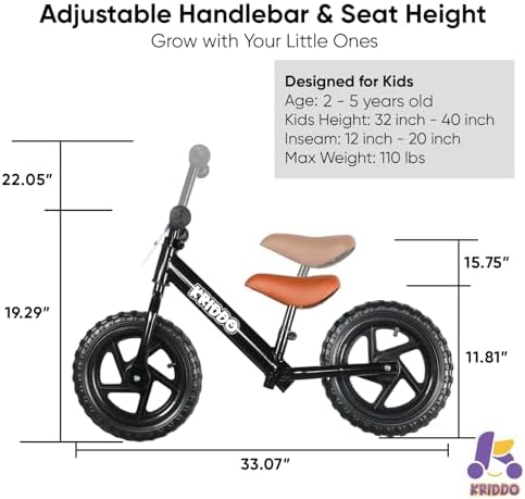 KRIDDO Toddler Balance Bike 2 Year Old,12 Inch Push Bicycle with Customize Plate (3 Sets of Stickers Included), Steady Balancing, Gift Bike for 2-5 Boys Girls, Black