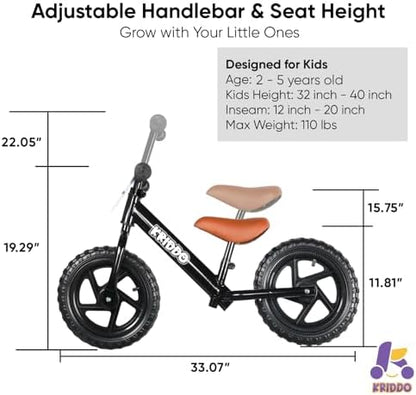 KRIDDO Toddler Balance Bike 2 Year Old,12 Inch Push Bicycle with Customize Plate (3 Sets of Stickers Included), Steady Balancing, Gift Bike for 2-5 Boys Girls, Black