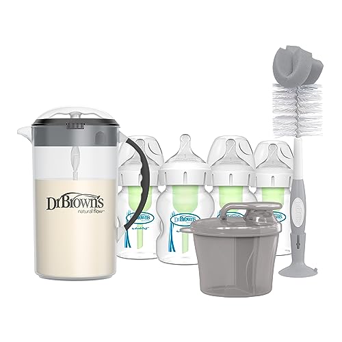 Dr. Brown’s Wide-Neck Baby Bottles 5 oz/150 mL, 4 Pack, with Travel Formula Dispenser, Formula Mixing Pitcher, and Reusable Sponge Baby Bottle Cleaning Brush, Grey