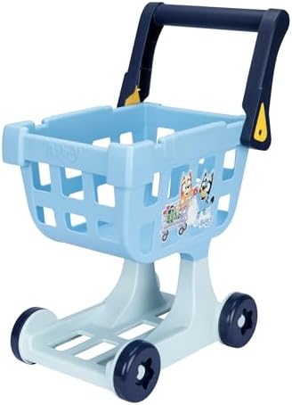 The Bluey Shopping Trolley | with Free-Rolling Wheels and Rotating Handle. The Ideal Size for Toddlers | Stands at 19.3 Inch Tall | 8 Colorful Cardboard Shopping Goods are Included with This Trolley