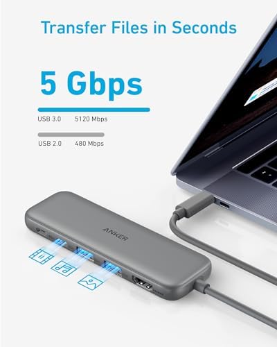 Anker USB C Hub, 5-in-1 USBC to HDMI Splitter with 4K Display, 1 x Powered USB-C 5Gbps & 2×Powered USB-A 3.0 5Gbps Data Ports for MacBook Pro, MacBook Air, Dell and More (Grey)