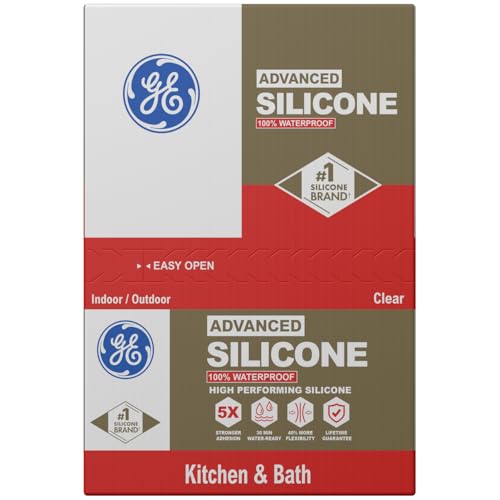 GE Advanced Silicone Caulk for Kitchen & Bathroom, Clear, 10 fl oz Cartridge, 12 Pack - 100% Waterproof Silicone Sealant, 5X Stronger Adhesion, Shrink & Crack Proof