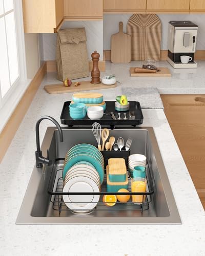 Stainless Steel Dish Drying Rack for Kitchen Counter, Sink Organization and Storage Essentials with Silverware & Utensil Holder, Home and Apartment Decor, 12''W x 15.6''L, Black