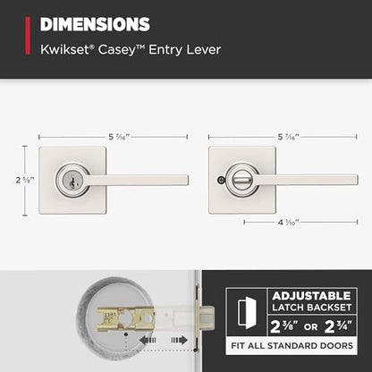 Kwikset Casey Entry Door Handle with Lock and Key, Secure Keyed Reversible Lever Exterior, For Front Entrance and Bedrooms, Satin Nickel , Pick Resistant Smartkey Rekey Security and Microban