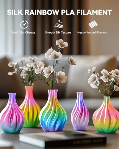 SUNLU Silk Rainbow PLA Filament, Multicolor Silk 3D Printer Filament 1.75mm +/- 0.02mm, Fast Color Change Each 8 Meters, 330 Meters, 1kg/2.2lbs, Silk Rainbow 05(Pale Green-Orange-Light Pink-Yellow)
