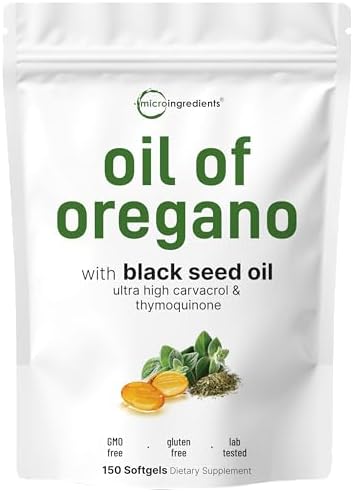 Micro Ingredients Oil of Oregano Softgels Per Serving, 150 Count | 2 in 1 Formulated with Black Seed Oil, 4X Strength Carvacrol & Thymoquinone | Plant Based, Non-GMO & Immune Support