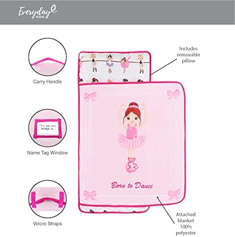 EVERYDAY KIDS Toddler Nap Mat with Removable Pillow -Born to Dance Ballerina- Carry Handle with Straps Closure, Rollup Design, Soft Microfiber for Preschool, Daycare, Sleeping Bag - Ages 2-6 Years