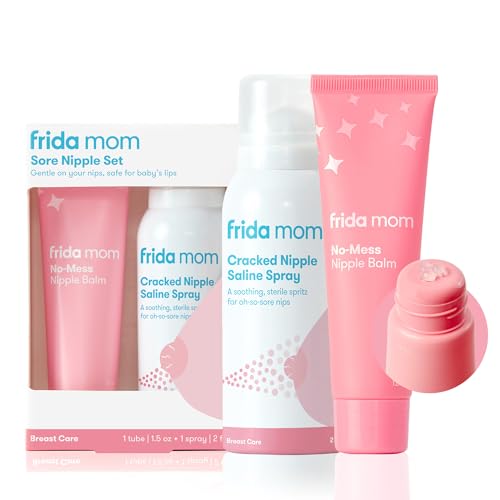 Frida Mom Nipple Cream and Saline Spray Set, Breastfeeding Essentials for New Moms, Cracked Nipple Saline Spray and No-Mess Cream, 2pc Set