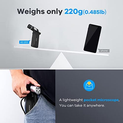 Andonstar AD203 Handheld Digital Microscope, Portable Pocket USB Coin Microscope with 4 inch Screen for Kids and Adults, Black, Electronic FHD Video, Windows Mac PC