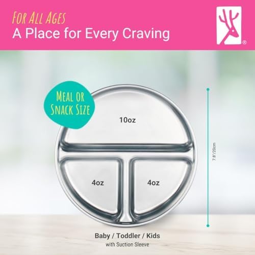 Elk and Friends Stainless Steel Divided Plates with Silicone Sleeve for Babies & Toddlers | Lids Included | Stay Put Suction | Dinner & Snack Plates | 4 Pack