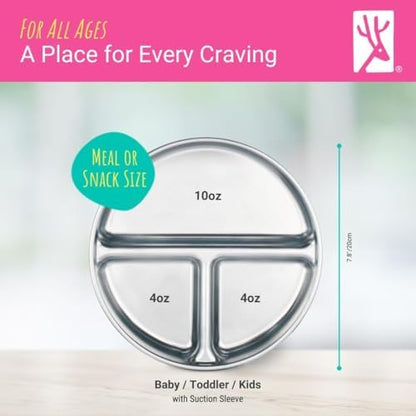 Elk and Friends Stainless Steel Divided Plates with Silicone Sleeve for Babies & Toddlers | Lids Included | Stay Put Suction | Dinner & Snack Plates | 4 Pack