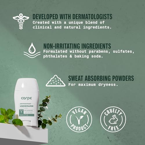 Carpe Underarm Antiperspirant and Deodorant, Clinical strength with all-natural Eucalyptus scent, Combat excessive sweating Stay fresh and dry, Great for hyperhidrosis