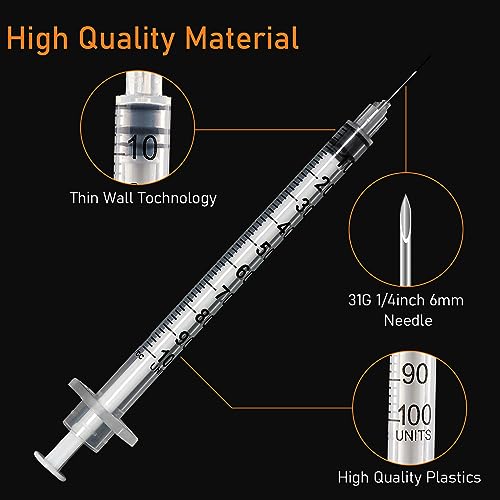 U-100 1ml Syringe with Needle, 31G 1/4" 6mm 1cc Syringes, Disposable Individual Package, Pack of 100