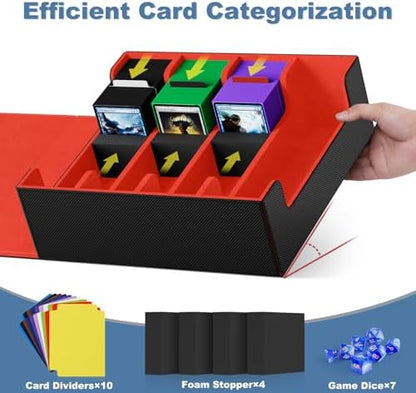 Mlikero Card Deck Case, 2400+ Trading Card Storage Box with 10 Colorful Dividers and 4 Foam Stoppers, Leather Magnetic Closure Commander Deck Box Fit for MTG, TCG (4 Rows, Black&Red)
