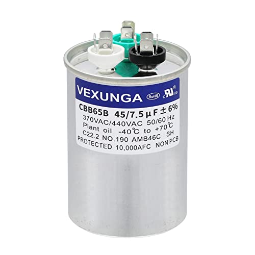 45/7.5 uF 45+7.5 MFD 370V or 440V Dual Run Start Round A/C Capacitor CBB65 CBB65B Air Conditioner Capacitors for AC Unit Fan Motor Start or Heat Pump or Condenser Straight Cool