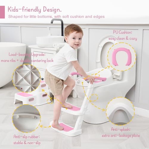 Forbena Potty Training Toilet Seat with Step Stool Ladder, Toddler Kids Potty Seat for Girls, Non Slip Foldable Toilet Training Seat with Soft Cushion, Comfortable Handles (White-Pink)