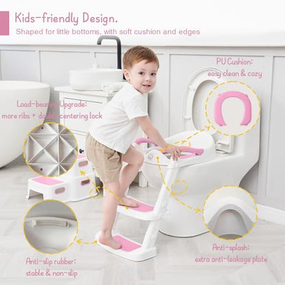 Forbena Potty Training Toilet Seat with Step Stool Ladder, Toddler Kids Potty Seat for Girls, Non Slip Foldable Toilet Training Seat with Soft Cushion, Comfortable Handles (White-Pink)