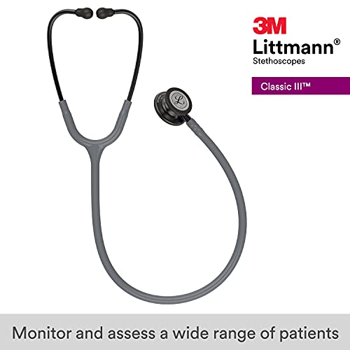 3M Littmann Classic III Monitoring Stethoscope, 5873, More Than 2X as Loud, Weighs Less, Stainless Steel Smoke-Finish Chestpiece, Grey Tube, 27" Violet Gray Stem, and Smoke Headset
