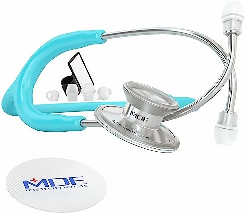 MDF Instruments, Acoustica Lightweight Stethoscope for Doctors, Nurses, Students, Home Health Use, Adult, Dual Head, Pastel Blue Tube, Silver Chestpiece-Headset, MDF747XP03
