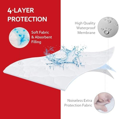 Pack and Play Mattress Pad Protector 2 Pack Waterproof, Cotton Fabric Absorbent, Soft Pack and Play Sheets, Fits Graco Play Yards, Baby Portable Mini Cribs. Foldable Mini Crib Sheets Cover