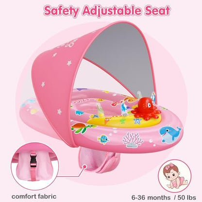 EZIGO Baby Pool Float with Canopy UPF50+ Sun Protection, Inflatable Kids Pool Floats with Ocean Animal Toys for Baby 6-36 Months, Infant Swimming Float with Adjustable Safety Seat for Boys Girls
