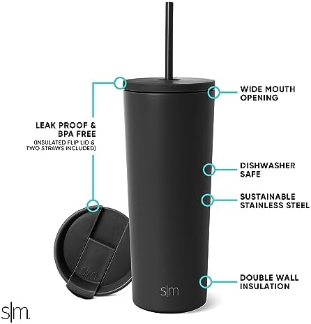 Simple Modern Insulated Tumbler with Lid and Straw | Iced Coffee Cup Reusable Stainless Steel Water Bottle Travel Mug | Gifts for Women Men Her Him | Classic Collection | 24oz | Midnight Black