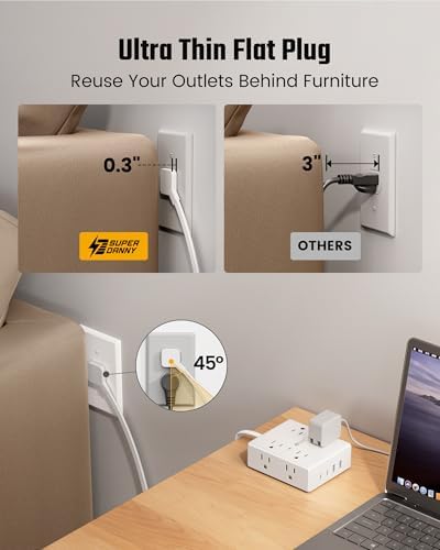 10Ft Extension Cord with Multiple Outlets, Flat Plug Surge Protector Power Strip 10 Ft Long Cord, 8 Outlets & 4 USB Ports (2 USB C), Desk Charging Station for Home Office, College Dorm Room Essentials