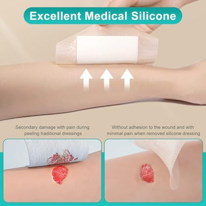 Dimora Silicone Foam Dressing with Border Adhesive 4"x8" Waterproof Wound Dressing Bandage for Wound Care 5 Pack