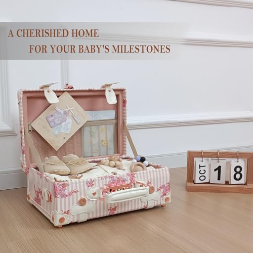 Unitravel Baby Keepsake Case, 13" Handmade Memory Storage Box, Newborn Keepsake Box, Vintage Suitcase for Baby Shower, Baptism, Naming Ceremony or Birthday (floral)