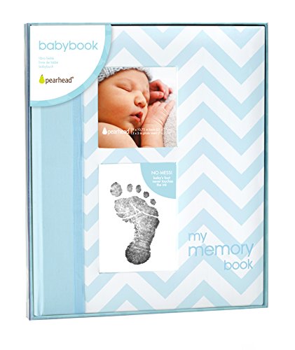 Pearhead Baby Memory Book, First 5 Years Baby Milestone Book, Pregnancy Journal, Gender Neutral Newborn Keepsake, With Clean-Touch Ink Pad For Baby's Handprint or Footprint, Blue Chevron