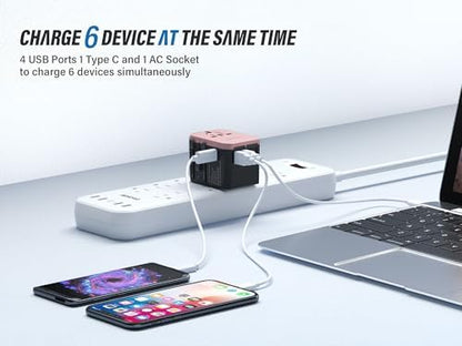 EPICKA Universal Travel Adapter, European Travel Plug Adapter - International Power Adapter Worldwide Charger with USB-C & 4 USB-A Ports, Travel Essentials for Italy, UK, Japan (TA-105, Rose Gold)