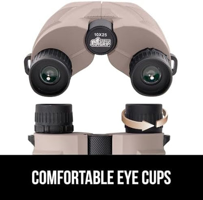 GORILLA GRIP 10x25 Compact Binoculars for Adults with Strap, Superior High Powered Clear 10X Magnification, Lightweight, Bird Watching, Hunting, Stargazing, Adjustable Eye Cups, Khaki
