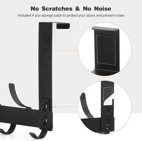 Door Hanger Hook, Over The Door Hooks for Hanging, Over The Door Towel Racks for Bathroom, Over The Door Hanger - 5 Triple Hooks for Towel, Clothes and Hat (Black, 2 Pack), TRI-1P