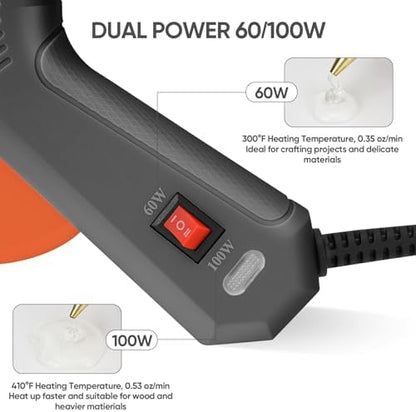 ROMECH Full Size Hot Glue Gun with 60/100W Dual Power and 21 Hot Glue Sticks (7/16"), Fast Preheating Heavy Duty Industrial Gluegun with Storage Case for Crafting, DIY and Repairs (Gray)