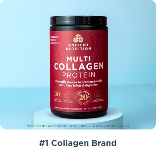 Ancient Nutrition Collagen Peptides Powder, Multi Collagen Protein, Women & Men, Vitamin C, Probiotics, Hydrolyzed Collagen, Supports Skin, Joints, Gut Health, Unflavored, 40 Servings