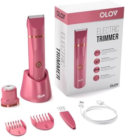 OLOV Electric Body Hair Trimmer - Groin Trimmer for Men - Bikini Trimmer Women - Wet/Dry Shaver Groomer, Replaceable Ceramic Blade Heads, USB Recharge Dock, Waterproof Hygiene Razor, Red