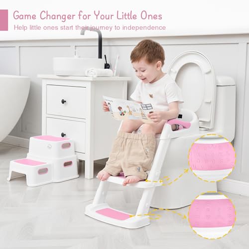 Forbena Potty Training Toilet Seat with Step Stool Ladder, Toddler Kids Potty Seat for Girls, Non Slip Foldable Toilet Training Seat with Soft Cushion, Comfortable Handles (White-Pink)