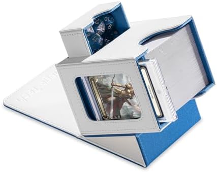 Card Deck Box for MTG Commander - Patented Design, Commander Display, Fits 100 Double-Sleeved Cards, 35pt Card Brick & Dice Tray - White/Blue