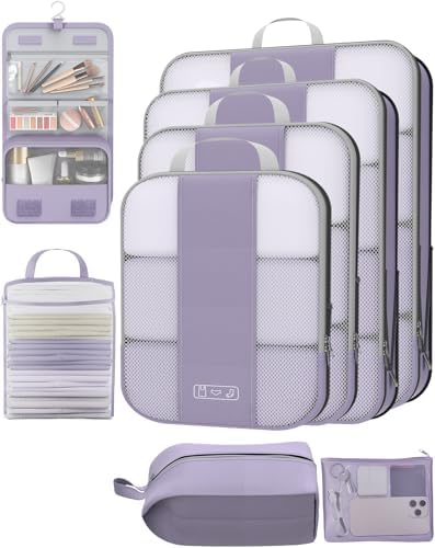 8 Set Compression Packing Cubes for Travel Essentials,Compressible Expandable Packing Cubes for Suitcase,OlarHike Luggage Organizer Bags for Travel,Handy Helper for Organizing Clothes(Purple Gray)