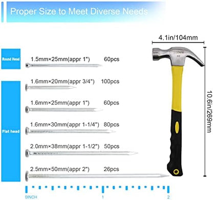 376pcs Hardware Assortment Kit With 2" Nails & 8oz Claw Hammer for Hanging Pictures, Finishing, Wall, Small, Wood Nails and Hammer