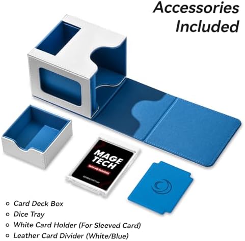 Card Deck Box for MTG Commander - Patented Design, Commander Display, Fits 100 Double-Sleeved Cards, 35pt Card Brick & Dice Tray - White/Blue